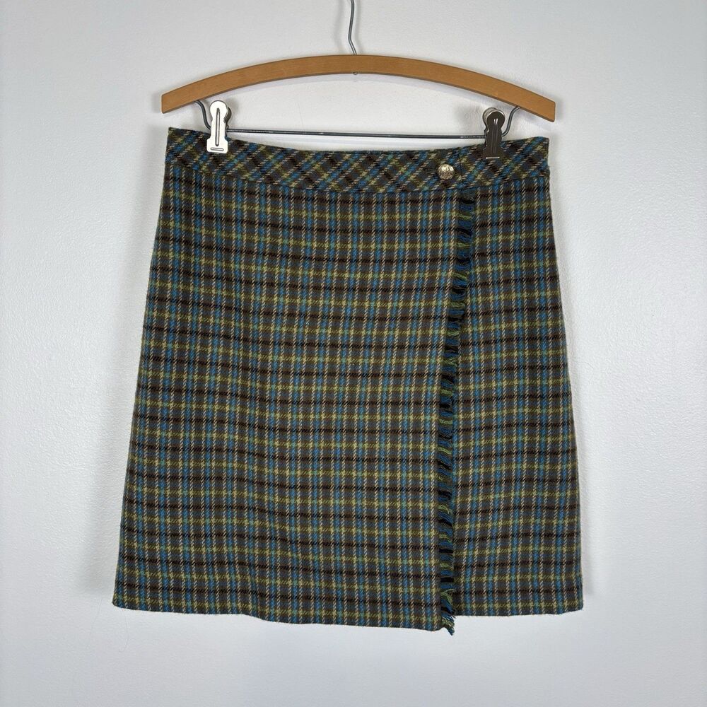 Talbots Womens 4 Fringe Trim Wool Blend Faux Wrap Skirt Green Plaid - Picture 2 of 8